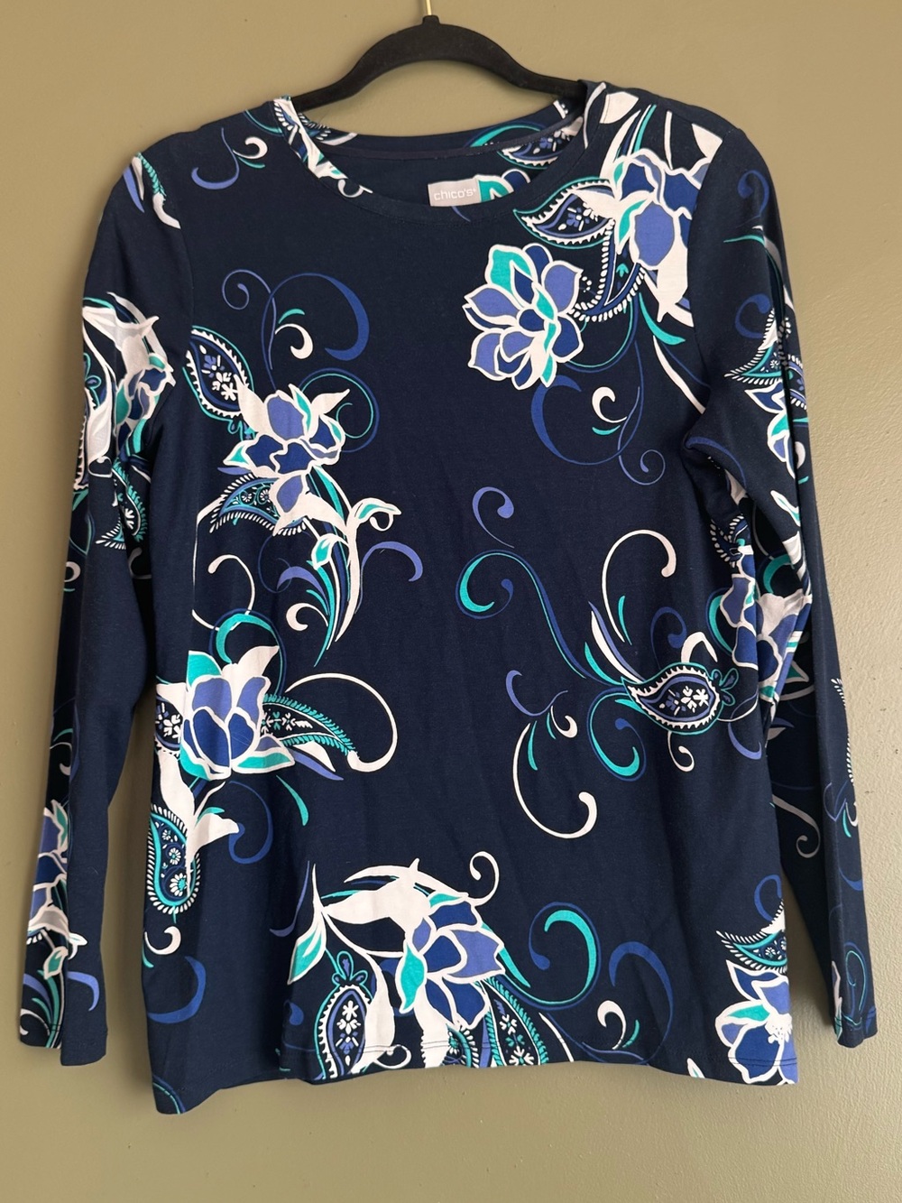 Chico's Navy Floral-Print Long Sleeve Top